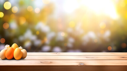 Easter still life on wooden table with handcrafted eggs, colorful flowers, and rustic decor, symbolizing the festive and cultural celebration
