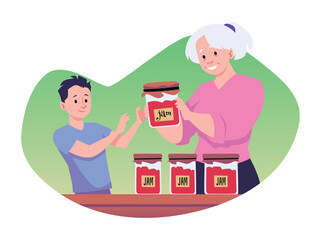 Grandmother gives grandson jar with fruit or berry homemade jam, elderly woman regales the boy vector illustration