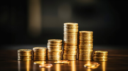 Stacks of gold money coins on desk. Money saving concept.