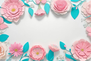 Flatlay of a romantic paper cut flowers in pastel pink,blue and white colors at the blue background,copy space.