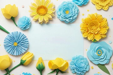 Flatlay of a paper cut flowers yellow and blue colors at the blue background,copy space.