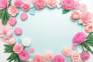Fototapeta na wymiar Flatlay of a paper cut flowers in pastel pink,blue and white colors at the blue background,copy space.