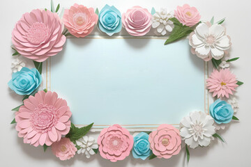 Flatlay of a paper cut flowers in pastel pink,blue and white colors at the blue background with frame,copy space.