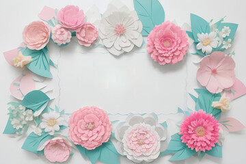 Flatlay of a paper cut flowers in pastel pink,blue and white colors at the blue background,copy space.