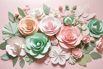 Background of a paper flowers in pastel pink white and green colors.