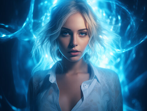 Beautiful woman portrait with blue lights visual effects