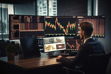 Financial analyst and trader working on a computers with multi-monitor workstations with real-time stocks, commodities and exchange market charts. Broker at work in agency.