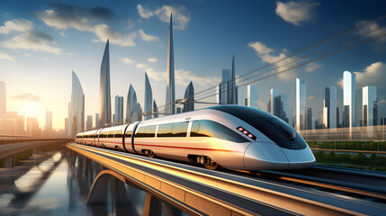 high speed train in modern and luxury city, against skyscrapper city skyline