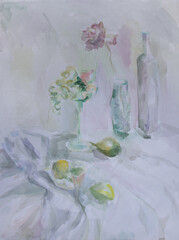 Laconic white still life. Crystal vase fruit bowl. Hand painted folds on white tablecloth. Watercolor painting with space for text. Transparency and clarity concept.