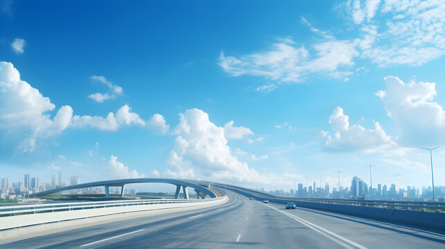 road through the bridge with blue sky background of a city.