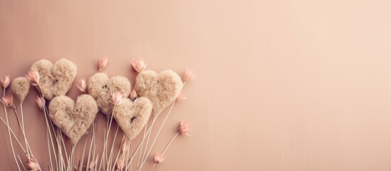 Minimalistic nature inspired macro wallpaper with vertical rose beige heart shaped flowers