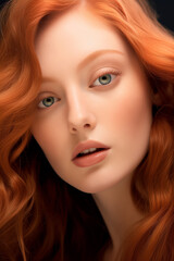Fototapeta premium Natural beauty, Young redhead woman with long healthy shiny wavy hair, close up beauty portrait