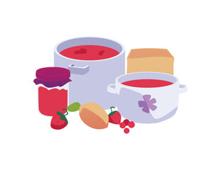 Pots and glass jars with jam flat style, vector illustration