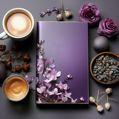 Obraz na płótnie Canvas Beautiful purple flat lay mockup with lovely flowers and cups of coffee on dark desk background, top view