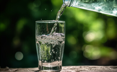 Drink water pouring in to glass mug from water plastic bottle on green background. Fresh water in glass tumbler in nature. Mineral water in highball tumbler with splash. Cup for liquid clean drinks