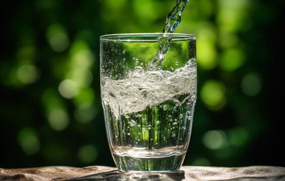 Drink water pouring in to glass mug from water plastic bottle on green background. Fresh water in glass tumbler in nature. Mineral water in highball tumbler with splash. Cup for liquid clean drinks © MaxSafaniuk