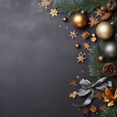 Christmas tree ornaments and pine branch on neutral background