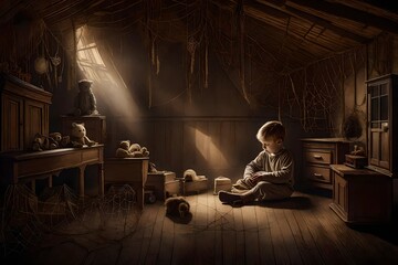 Obraz na płótnie Canvas An eerie, vintage-style illustration of a child huddled in a dimly lit, cobweb-filled attic