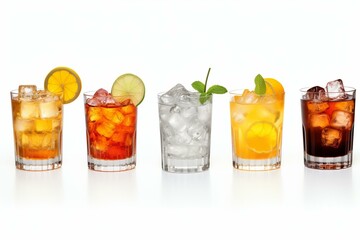 Various beverages, alcohol, highball, whiskey, carbonation, cocktail, drink, white background. Generative AI