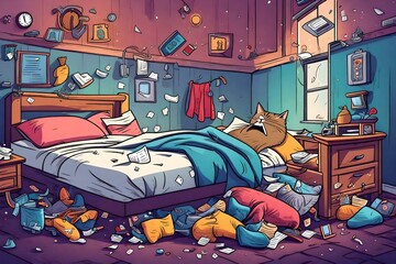 A comical cartoon scene with a man snoring loudly in bed, the room in disarray, with scattered socks, an alarm clock ringing