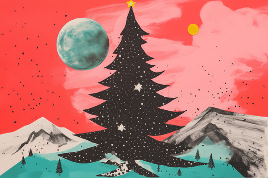 weird christmas tree collage scene with snow, pinks sky and planet in landscape, vintage zine print