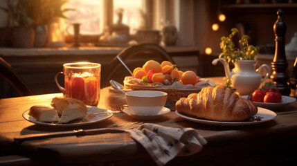 Fototapeta premium breakfast on the kitchen table lit by early morning sunrise