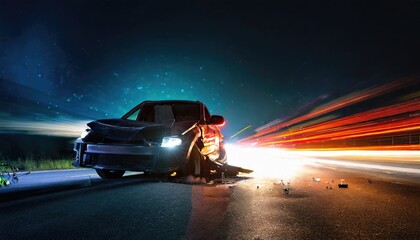 Car crash dangerous accident on the road at night. copy space