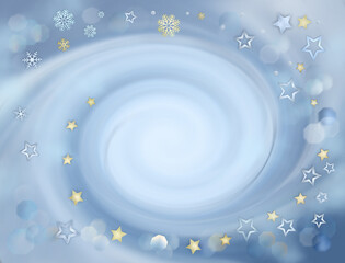 Light blue -white swirled winter background with bokeh effect and frame decorated stars, snowflakes. Christmas greeting concept. Free copy space