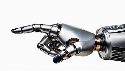 Cyborg hand finger pointing, technology of artificial intelligence. Steel futuristic arm, type of bionic arm with similar functions to a human arm isolated on white. with copy space