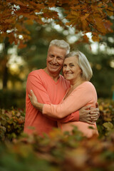 Elderly couple dance in the park in autumn.