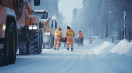 Workers in the snow, Cleanup team clearing streets after heavy snowfall - obrazy, fototapety, plakaty