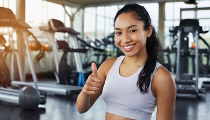 Smiling Woman, fitness and thumbs up to health, workout and training to live an active, wellness and healthy lifestyle with gym. Personal trainer
