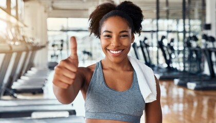 Smiling Woman, fitness and thumbs up to health, workout and training to live an active, wellness...