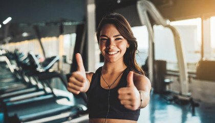 Fototapeta na wymiar Smiling Woman, fitness and thumbs up to health, workout and training to live an active, wellness and healthy lifestyle with gym. Personal trainer