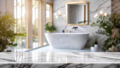 Fototapeta na wymiar White bathroom interior. Empty marble table top for product display with blurred bathroom interior background
