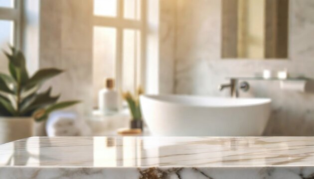 White bathroom interior. Empty marble table top for product display with blurred bathroom interior background