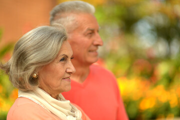 Elderly couple dance in the park in autumn.