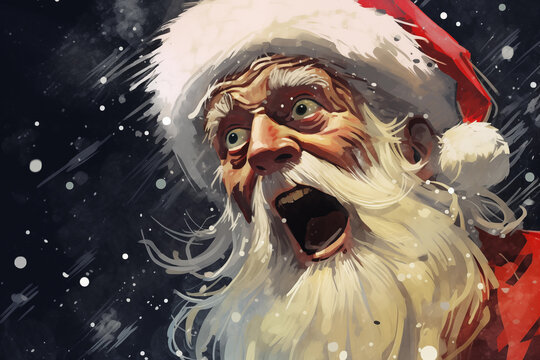 yelling scared santa portrait on dark night background with snow, vintage retro style painting traditional print 