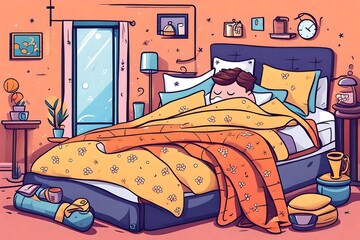 A whimsical cartoon illustration featuring a man sleeping in a cozy bed, wearing pajamas with a nightcap, surrounded by fluffy pillows and a warm blanket
