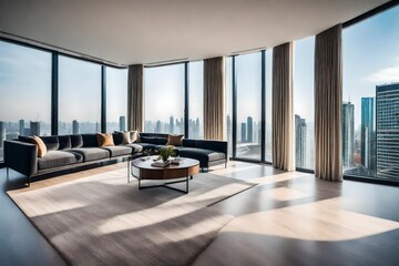 A contemporary living room in a high-rise apartment with floor-to-ceiling windows offering panoramic city views