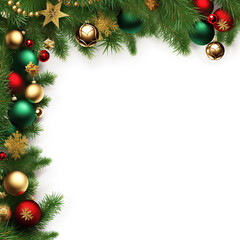Obraz na płótnie Canvas Christmas tree ornaments and pine branch on neutral background