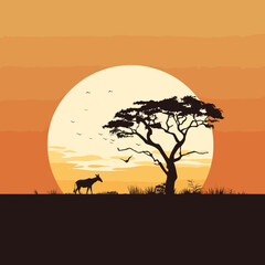 Fototapeta na wymiar Afrikanischer Sonnenuntergang: Silhouette eines Baumes und einer Gazelle