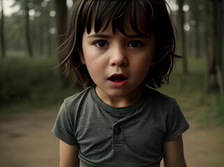 Scared child medium waist: maximum detail cinematic.