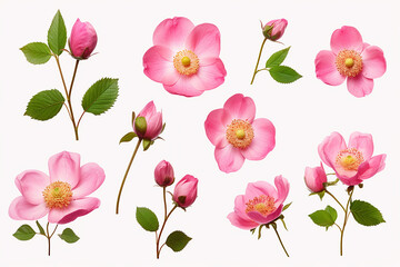 Set of pink roses flowers, bud and leaf isolated on white background, garden design elements Top view Flat lay 