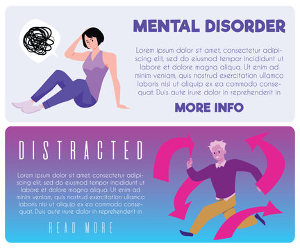 Mental disorder and distracted absent-mindedness behaviour banner set, flat vector illustration. Inattention, hyperactivity and impulsivity mental neurological problems.