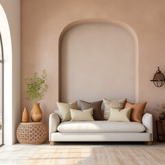 Modern Living Room Loft Interior Design: Beige Sofa with Terra Cotta Pillows Near Arched Window and Stucco Wall with Copy Space, Generative AI