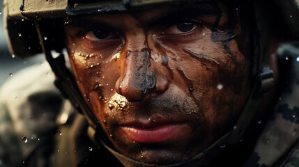 Determined face, mud-splattered with helmet.