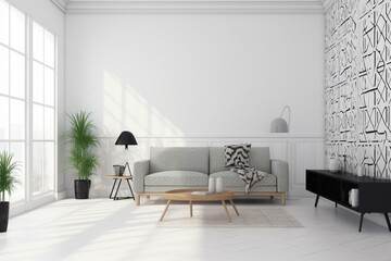Minimalist living space with decorated furniture and white wall pattern background. Generative AI