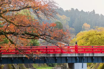 Fototapeten Nakabashi bridge and Miyagawa river in autumn season. Traditional japanese red bridge in Takayama's historic old town, Gifu Prefecture, Japan. © pjjaruwan