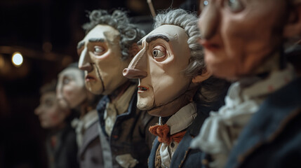 Row of detailed historical puppets.